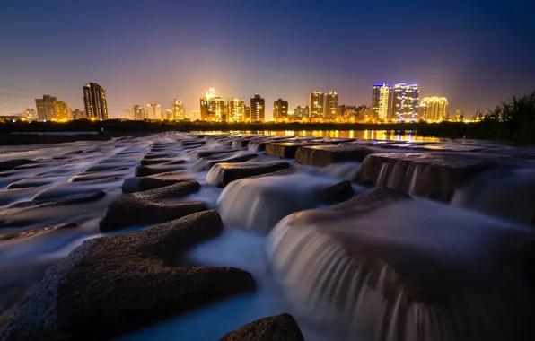 Picture water, night, the city, lights, stones, home