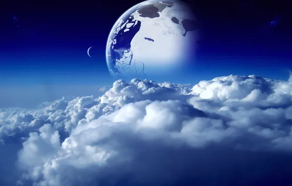 Picture the sky, space, clouds, blue, blue, the moon, planet, space, moon, sky, blue, clouds, planet