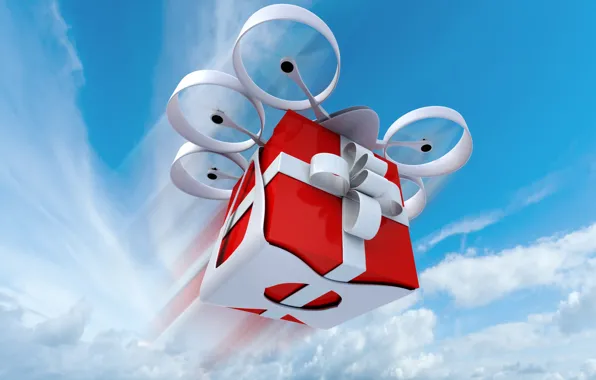 Picture white, clouds, flight, abstraction, box, gift, art, helicopter, bow, red, the rise, six, present, helicopter, …