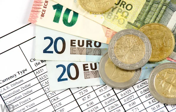 Picture macro, money, Euro, coins, bills