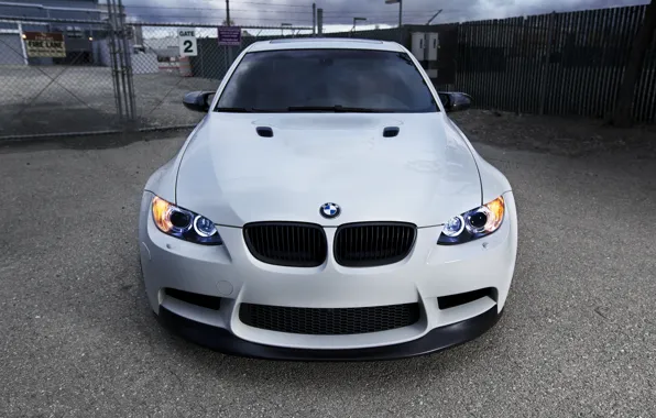 Picture white, lights, bmw, BMW, white, barbed wire, e90, daylight, fence gate