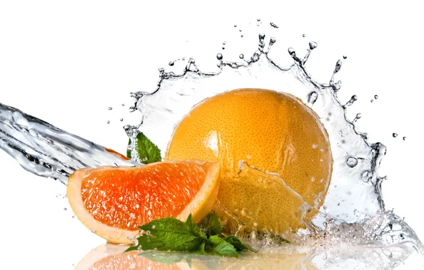 Picture water, squirt, freshness, orange, slice, leaves, mint