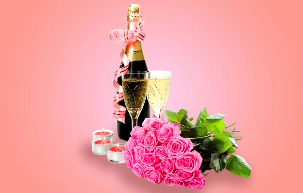 Picture roses, glasses, glass, champagne, flowers, romantic, Valentine's Day, roses, champagne