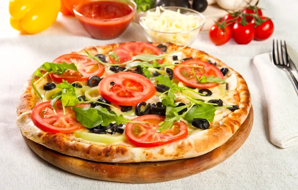 Picture greens, food, cheese, pepper, plug, vegetables, pizza, tomatoes, napkin, dish, olives