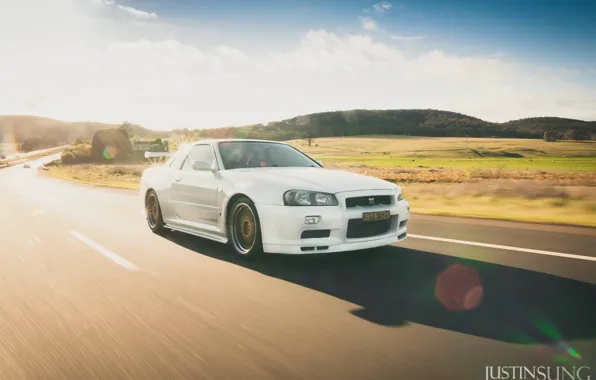 Picture road, white, movement, nissan, white, skyline, Nissan, gt-r, gtr, riding, r34, bbs, skyline, justin sung
