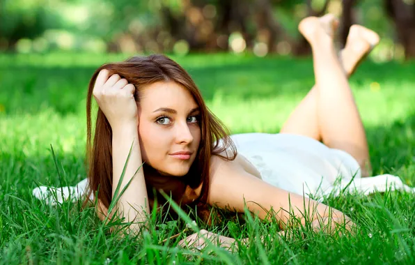 Picture white, grass, eyes, look, feet, up, hand, Girl, dress, brown hair, shoulders