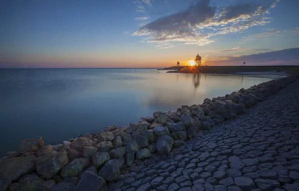 Picture sunset, lake, stones, shore, lighthouse, Netherlands, Netherlands, the IJsselmeer, IJsselmeer lake