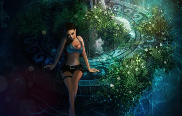 Picture chest, grass, girl, flowers, the game, shorts, fountain, sitting, Lara Croft, Tomb raider