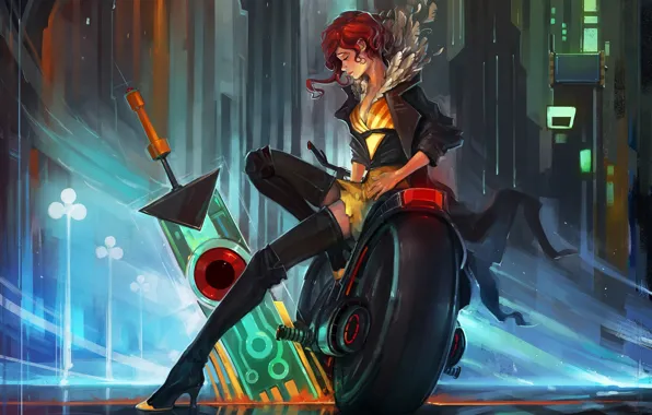 Picture sadness, girl, the city, weapons, motorcycle, red, art, transistor, igor artyomenko