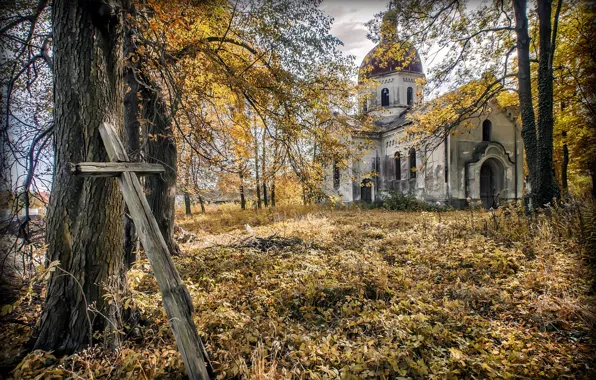 Picture autumn, cross, Church