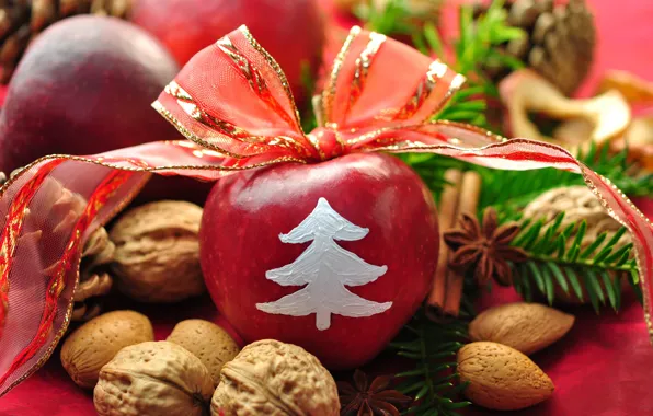 Picture table, holiday, apples, new year, tape, christmas, nuts, cinnamon, new year, bow, needles, bumps, decor