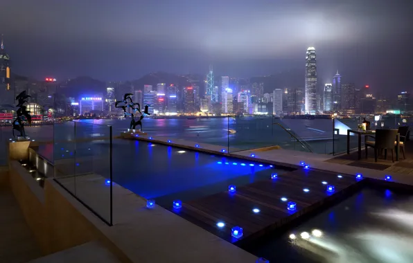 Picture light, night, blue, lights, city, Windows, road, home, pool, skyscrapers, river
