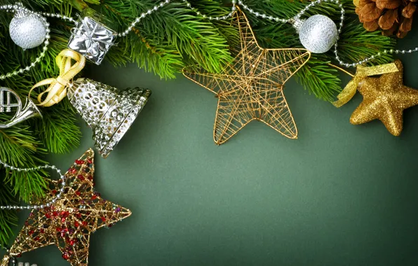 Picture balls, decoration, branches, green, background, holiday, toys, New year, bell, stars