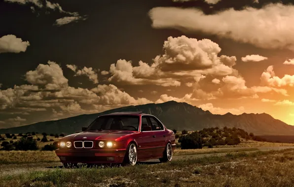 Picture the sky, the sun, clouds, sunset, mountains, BMW, BMW, red, Blik, red, front, E34, 5 …