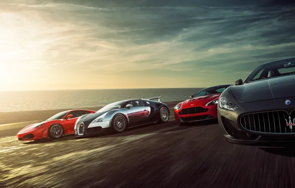 Picture Ferrari F430, Bugatti Veyron, Speed, Sunset, Supercars, Sea, Aston Martin Vantage, Maserati Grant Turismo