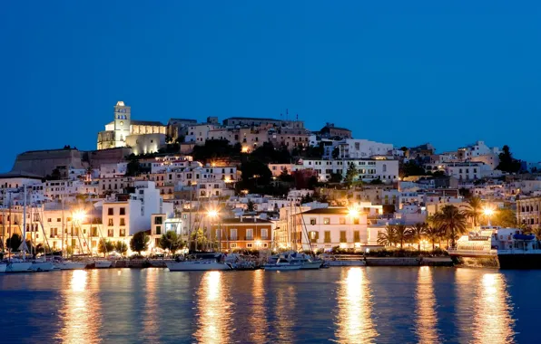 Picture sea, light, night, lights, island, yachts, houses, Spain, Ibiza