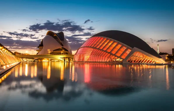 Picture the sky, clouds, sunset, bridge, lights, reflection, river, the evening, lighting, lights, Spain, Valencia, the …