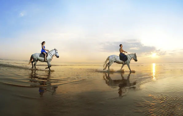 Picture sand, sea, girl, reflection, coast, horse, guy, walk