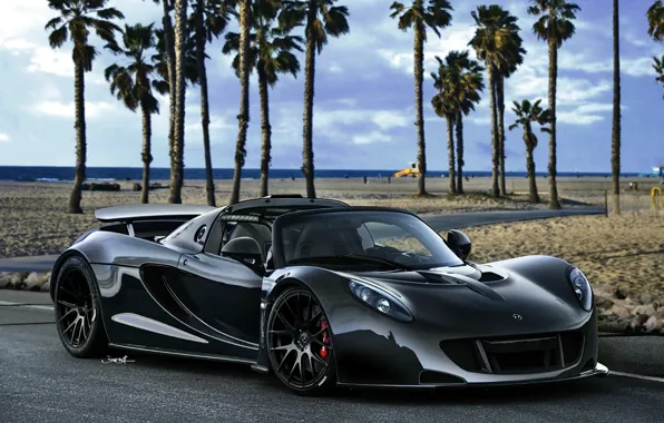 Picture beach, the sky, palm trees, black, supercar, Spyder, the front, Hennessey, hypercar, Spider, Venom, Hennessy, …