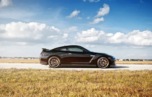 Picture road, the sky, clouds, black, nissan, profile, wheels, drives, black, Nissan, r35, GTR, gt-R