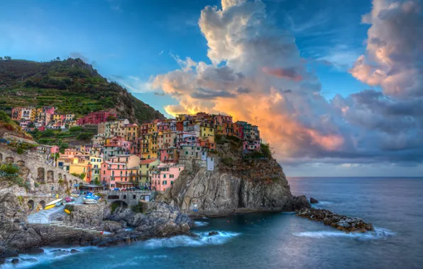 Picture sea, clouds, landscape, rocks, coast, building, Italy, Italy, The Ligurian sea, Manarola, Manarola, Cinque Terre, …