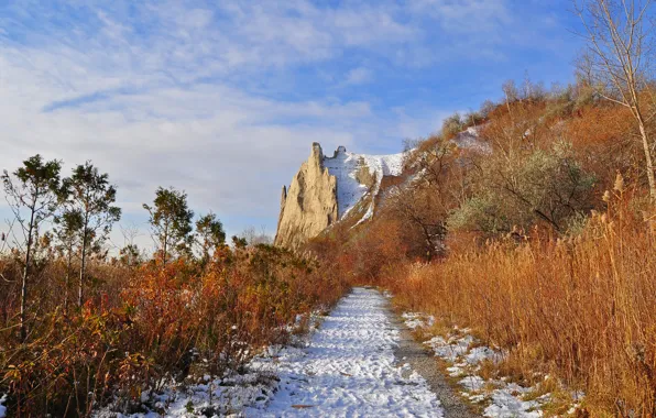 Picture road, autumn, the sky, snow, rock