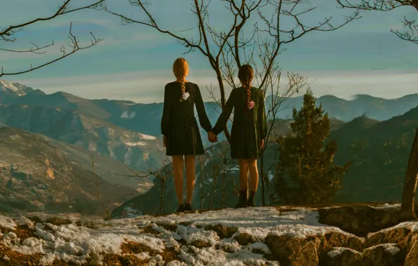 Picture landscape, mountains, girls, view, height, pair, braids, Touch, not gonna get us