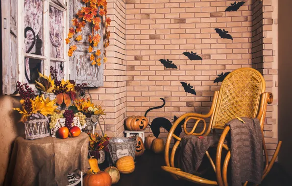 Picture autumn, leaves, wall, basket, brick, chair, window, grapes, pumpkin, Halloween, halloween, autumn, grapes, pumpkin, Holidays, …