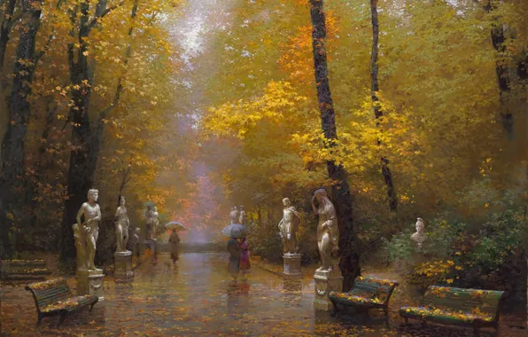 Picture autumn, trees, landscape, Park, rain, picture, art, umbrellas, walk, falling leaves, benches, statues, gold, Victor …
