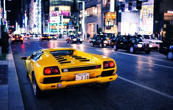 Picture car, city, Auto, Yellow, The city, Lamborghini, yellow, Diablo, Lamborghini, Diablo