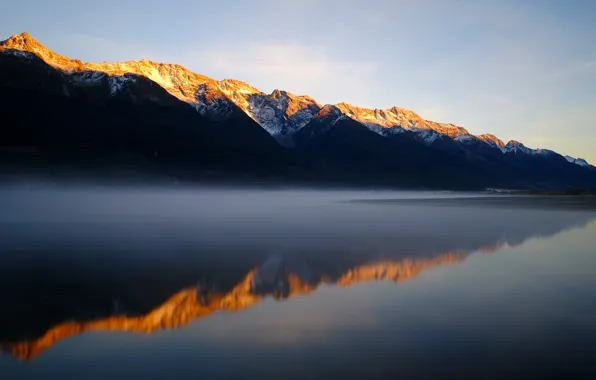 Picture mountains, fog, lake, reflection, morning