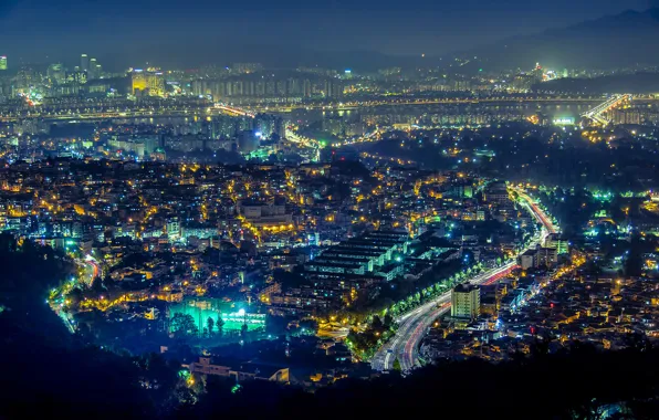 Picture lights, panorama, skyscrapers, Seoul, South Korea