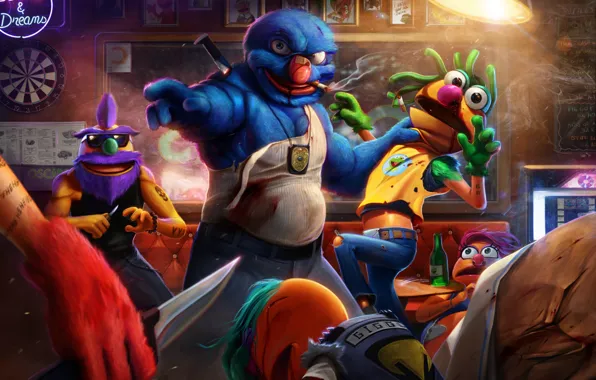 Picture bar, fight, art, disassembly, police, Grover, THE STREETS, Muppet