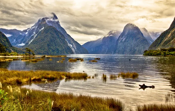 Picture the sky, grass, clouds, mountains, lake, new Zealand, New Zealand