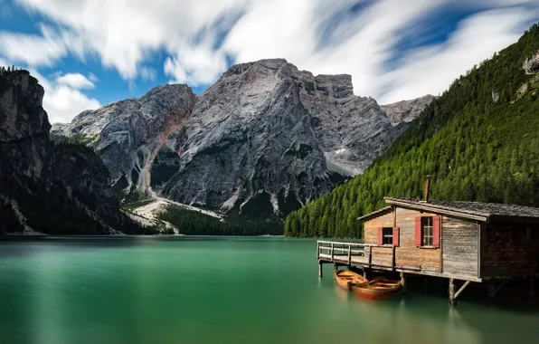 Picture mountains, lake, boats, Italy, house, Italy, The Dolomites, South Tyrol, South Tyrol, Dolomites, Lake Braies, …