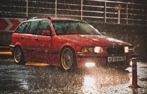 Picture rain, BMW, red, BBS, e36, Touring