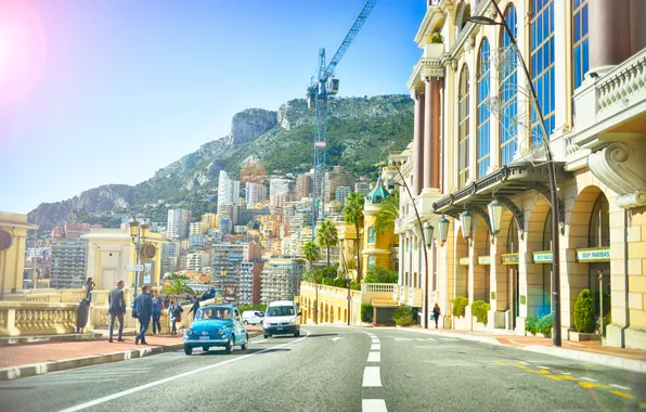 Picture machine, people, street, building, crane, Cars, Monaco, Street, Monaco, Building, People, European
