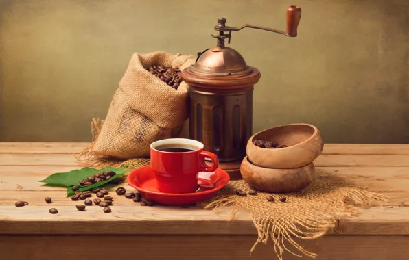 Picture leaves, coffee, grain, Cup, red, saucer, pouch, coffee grinder