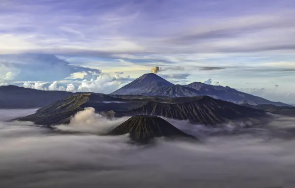 Picture the sky, clouds, mountains, the volcano, Indonesia, haze, Bromo, Java