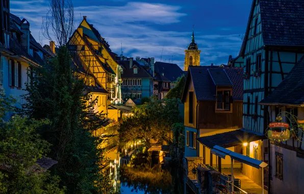 Picture water, the city, lights, street, France, building, home, the evening, lighting, channel, Alsace, Colmar, Colmar