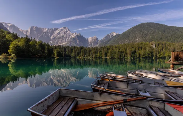 Picture forest, mountains, lake, reflection, boats, Alps, Italy, Italy, Alps, Fusine Lakes, lake Fusine, Lakes of …
