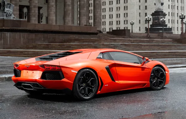 Picture building, orange, rear view, orange, Lamborghini, aventador, lamborghini lp700-4 aventador