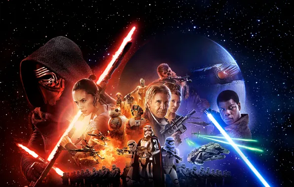 Picture star wars, attack, star wars, Han solo, Harrison Ford, R2-D2, Finn, Finn, Princess Leia, Kylo …