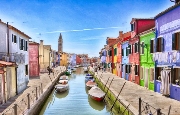 Picture the sky, home, boats, Italy, Venice, channel, Burano island