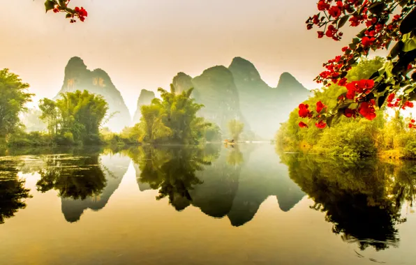 Picture water, flowers, mountains, nature, lake, reflection, river, China