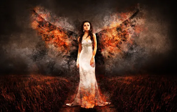 Picture field, girl, night, fire, wings, angel, dress, is, in white, Angel of Fire