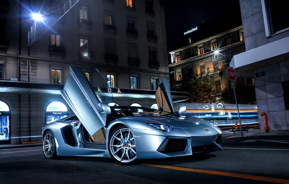 Picture Lamborghini, City, LP700-4, Aventador, Supercars, Road, Silver, Door, Ligth