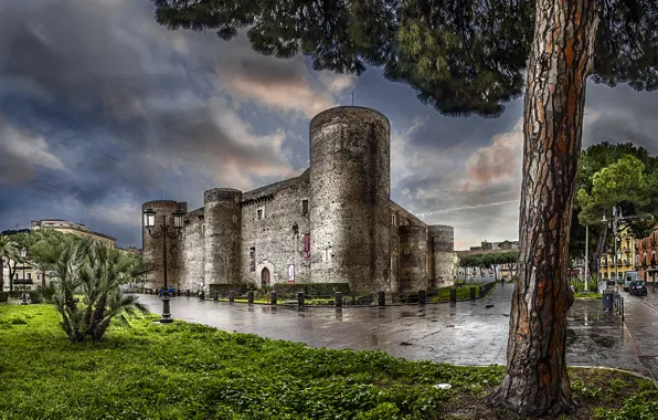 Picture castle, tree, wall, treatment, lights, Italy, Sicily, Sicilia, Ursino Castle