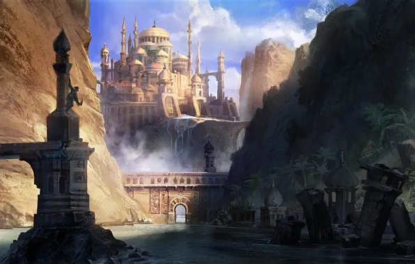 Picture mountains, the city, river, rocks, people, art, arch, ruins, Prince of Persia, The Forgotten Sands