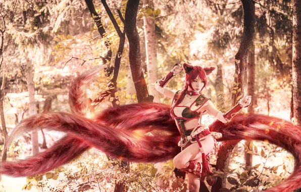 Picture Girl, Fox, Asian, Girl, Fox, Fire, Asian, League of Legends, Ahri, Cosplay, Cosplay, Pion